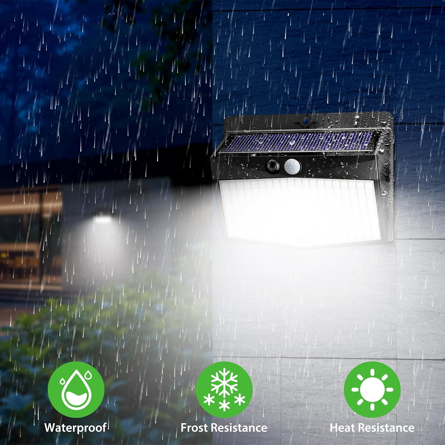 Wasserdichte Solar-Wandleuchte mit Bewegungssensor im Regen, mit Ikonen für Frost- und Hitzebeständigkeit.
