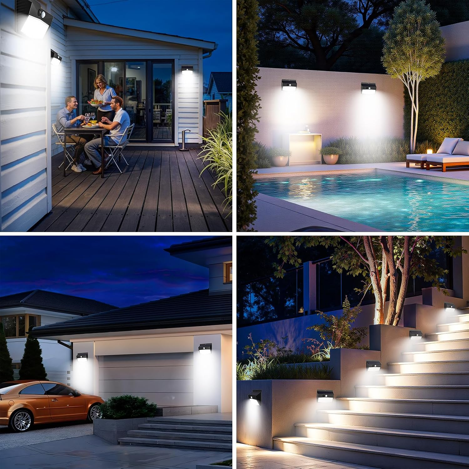Vier Bilder zeigen helle, solarbetriebene LED-Wandleuchten im Außenbereich bei Nacht.