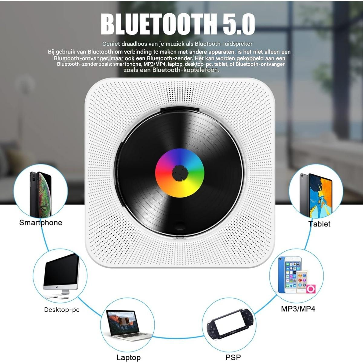 Weißer Bluetooth 5.0 CD-Player verbunden mit Smartphone, Tablet, PC, Laptop, MP3- und PSP-Geräten.