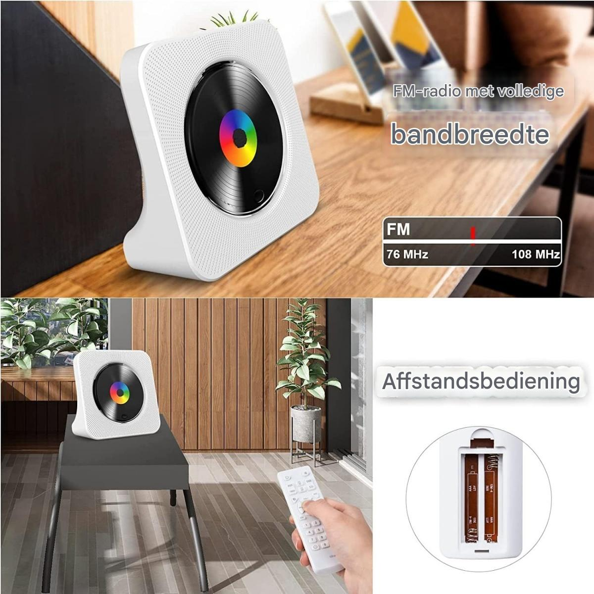 Weißer CD-Player mit bunter Mitte auf Holztisch und Stuhl, mit Fernbedienung und FM-Radio-Grafiken.