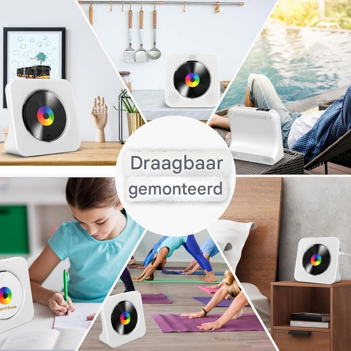 Collage zeigt weiße CD-Player mit buntem Licht an verschiedenen Orten wie Küche, Pool, Zimmer und beim Yoga.