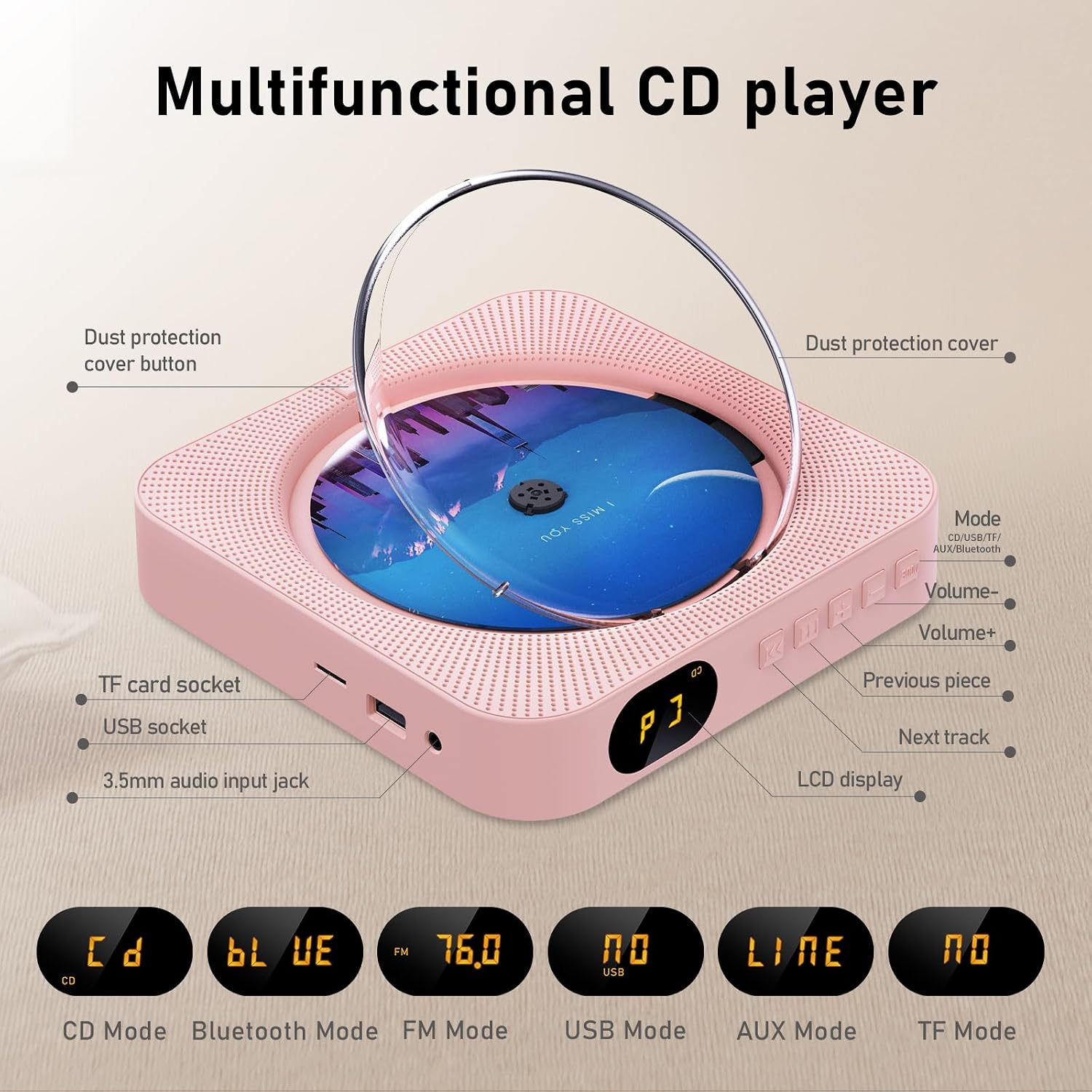 Rosa, multifunktionaler CD-Player mit runder Abdeckung, LCD-Display und verschiedenen Anschlussmöglichkeiten an den Seiten.