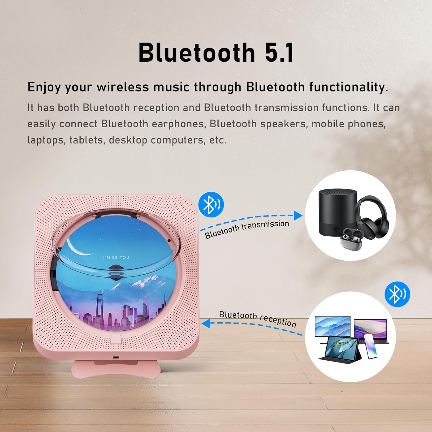 Ein rosafarbenes Bluetooth-5.1-Gerät zeigt Sende- und Empfangsfunktionen mit kabellosen Lautsprechern und Handys.