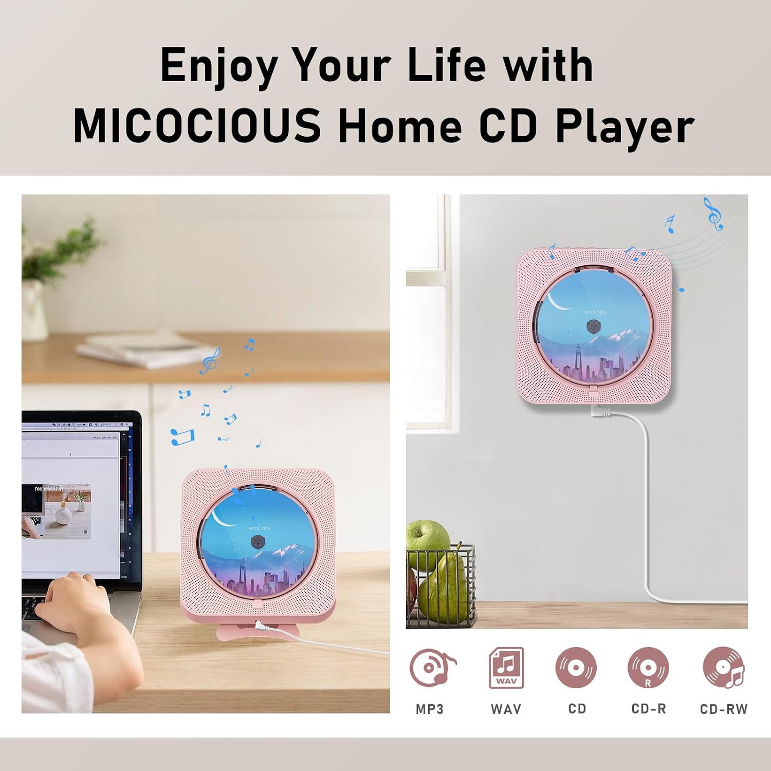 Ein rosa Heim-CD-Player auf einem Schreibtisch und an einer Wand mit Symbolen für MP3-, WAV-, CD-, CD-R- und CD-RW-Formate.