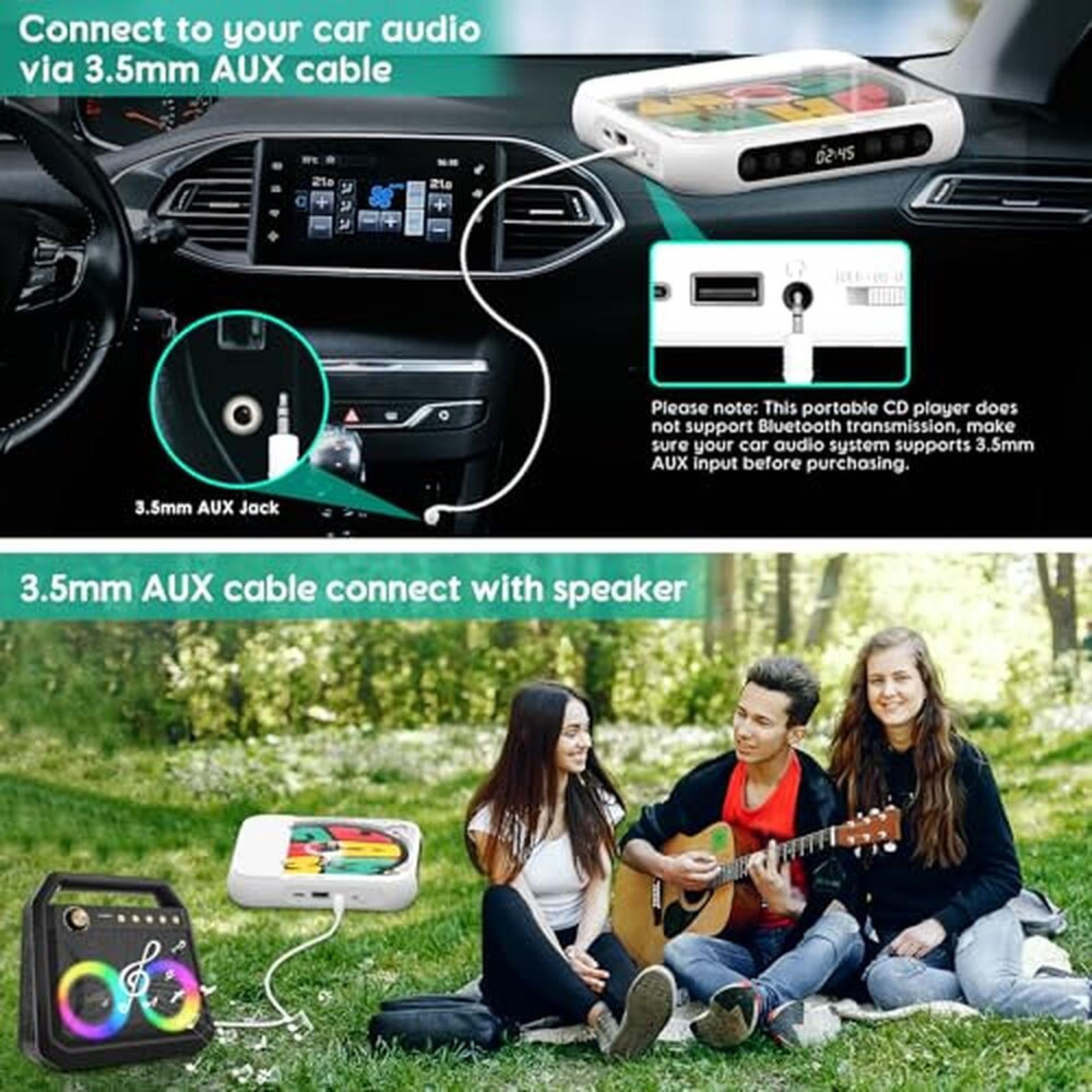 Ein tragbarer CD-Player wird über ein 3,5-mm-AUX-Kabel mit dem Autoradio und einem Lautsprecher verbunden.