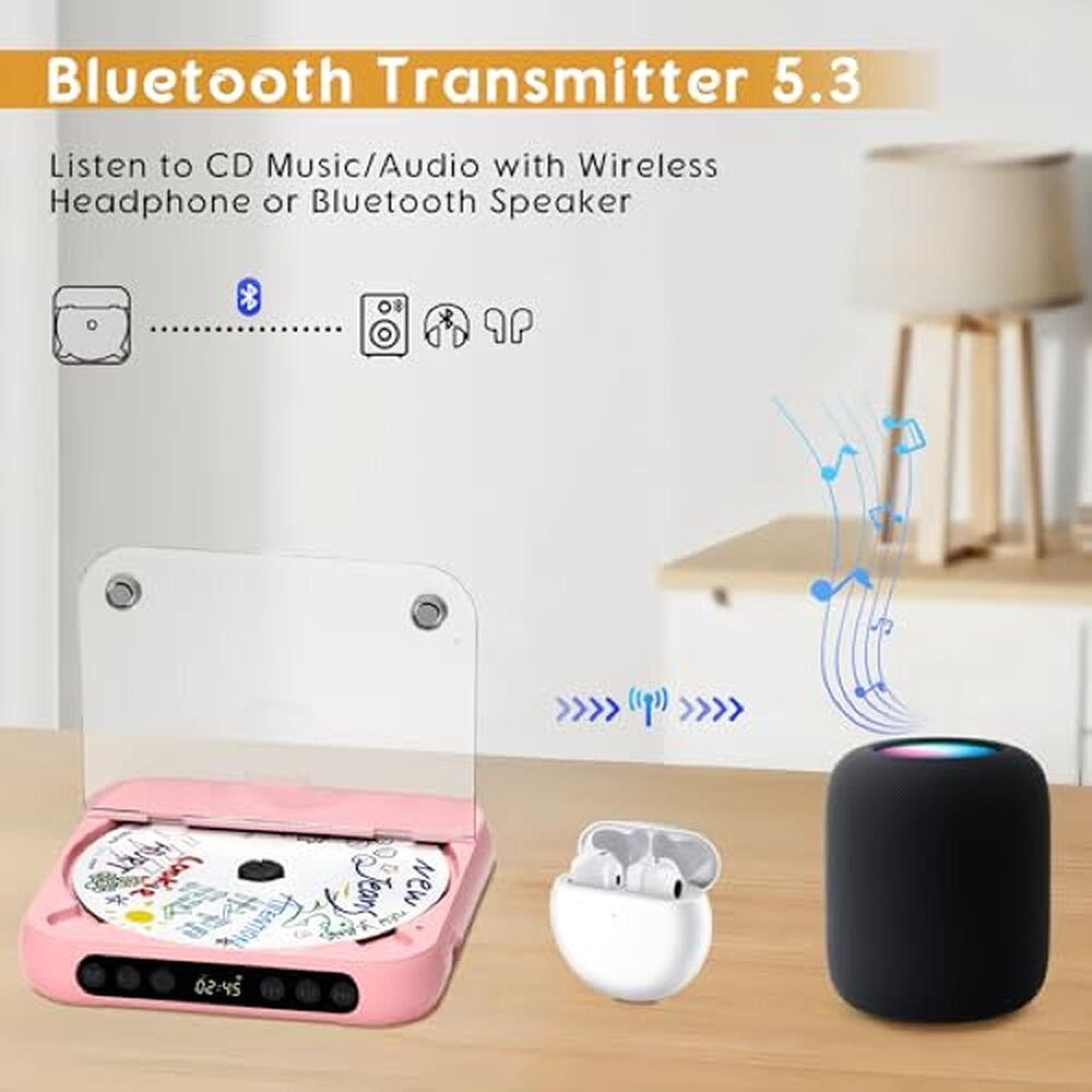 Ein rosa CD-Player überträgt Audio per Bluetooth an kabellose Ohrhörer und einen schwarzen Smart-Lautsprecher.