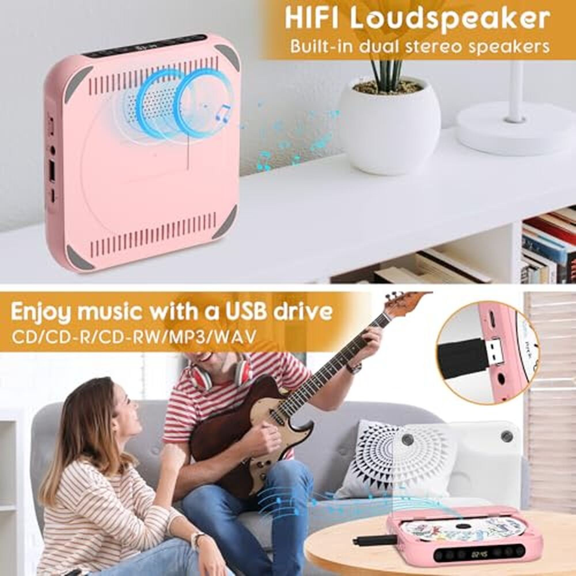 Rosa CD-Player mit Stereolautsprechern auf einem Regal; unten spielt ein Mann Gitarre neben einem USB-CD-Player.