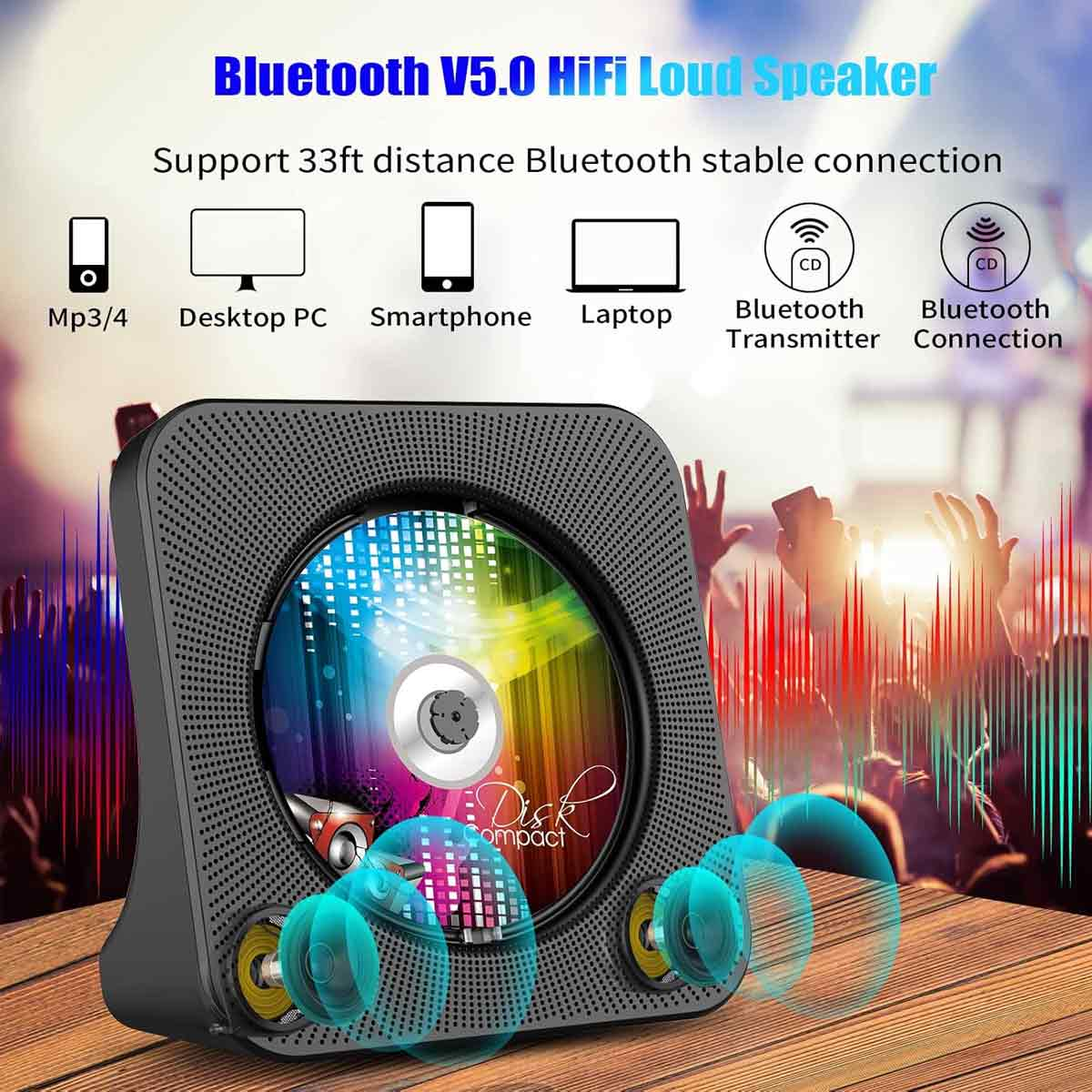 Bluetooth-CD-Player mit Lautsprechern auf Holztisch und Symbolen für Kompatibilität.