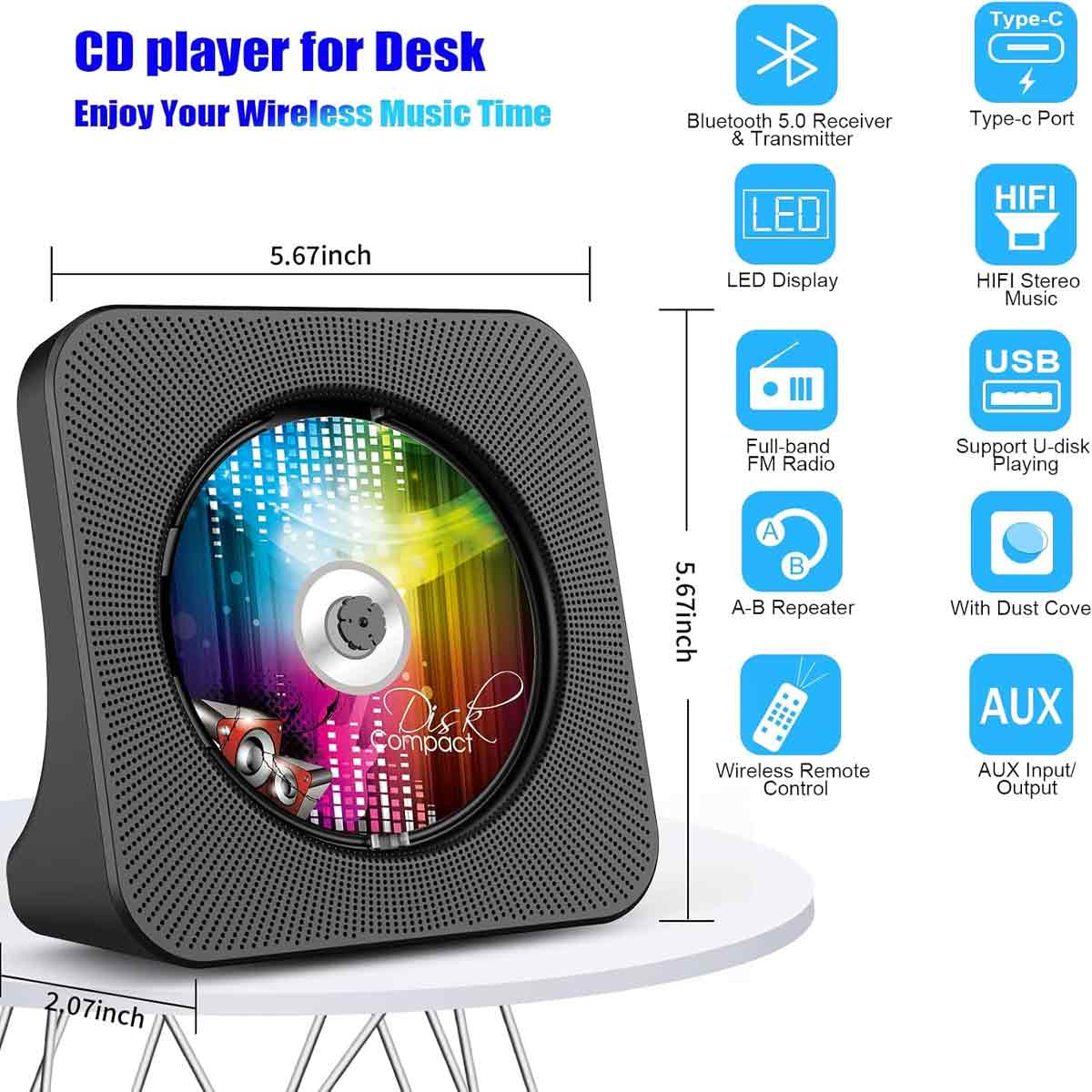 Schwarzer CD-Player für den Schreibtisch mit Maßen und Funktionssymbolen wie Bluetooth, LED-Display und FM-Radio.
