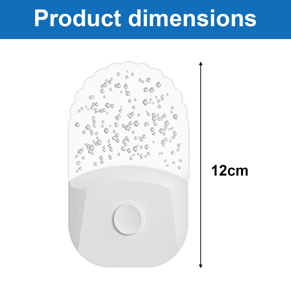 Produktabmessungen zeigen eine weiße Nachtlampe mit einer Höhe von 12 cm.