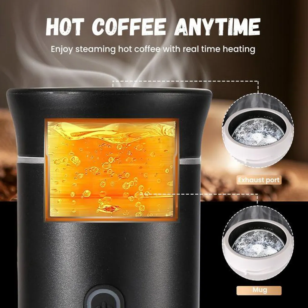 Schwarzer Becher mit Heizfunktion, brodelnder Flüssigkeit und Text 'HOT COFFEE ANYTIME'.