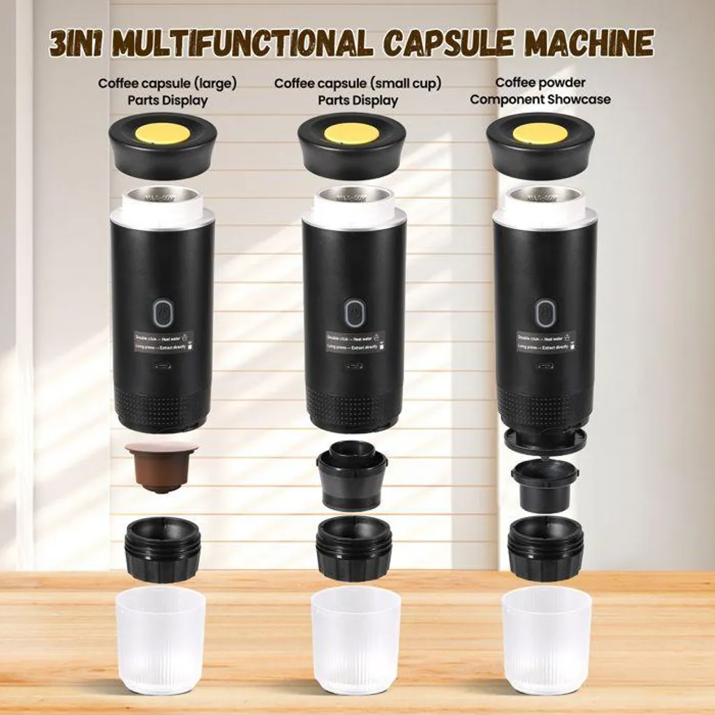 Drei tragbare 3-in-1-Kaffeemaschinen mit zerlegten Teilen auf einer Holzoberfläche.