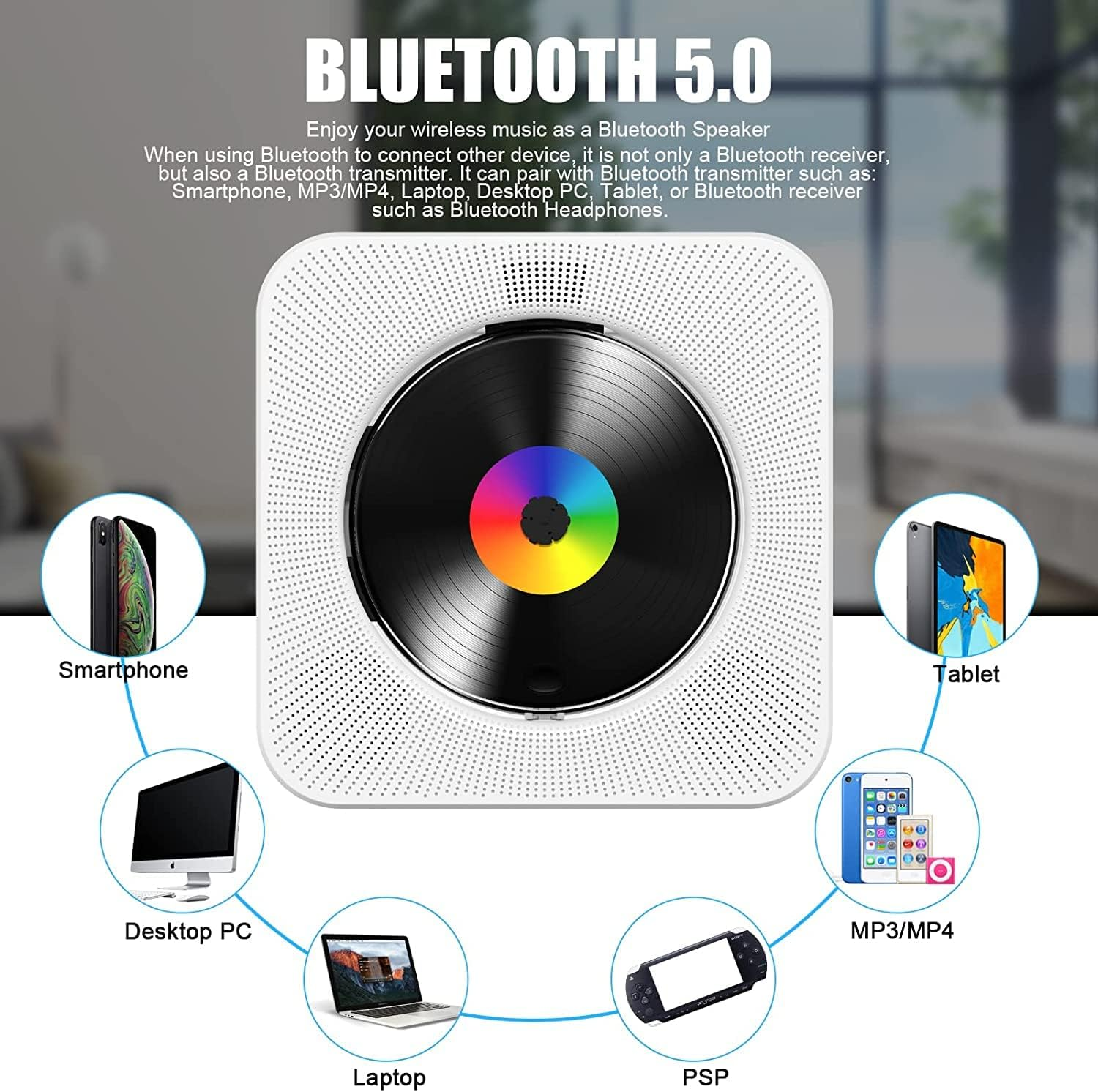 Bluetooth 5.0 CD-Player verbunden mit Smartphone, Tablet, PC, Laptop, MP3-Player und PSP.