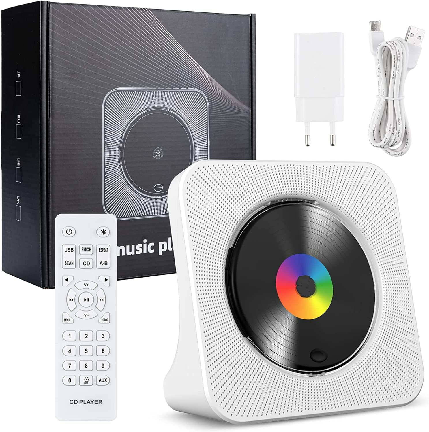 Weißer CD-Player mit schwarzer Hülle, Fernbedienung, Netzteil und Kabel vor einer schwarzen Verpackung.