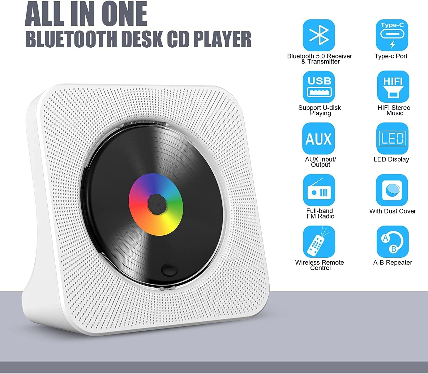 Ein weißer Bluetooth-Tisch-CD-Player mit schwarzer Disc und Funktionssymbolen.