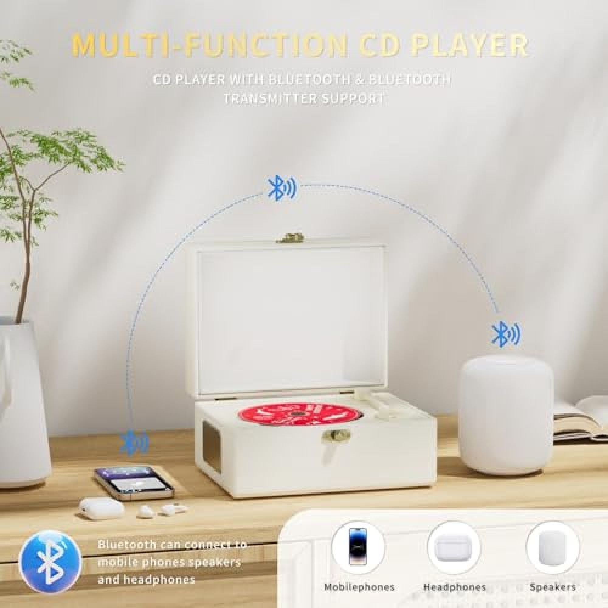 Weißer Multifunktions-CD-Player mit Bluetooth-Verbindung zu Smartphone, Kopfhörern und Lautsprechern.