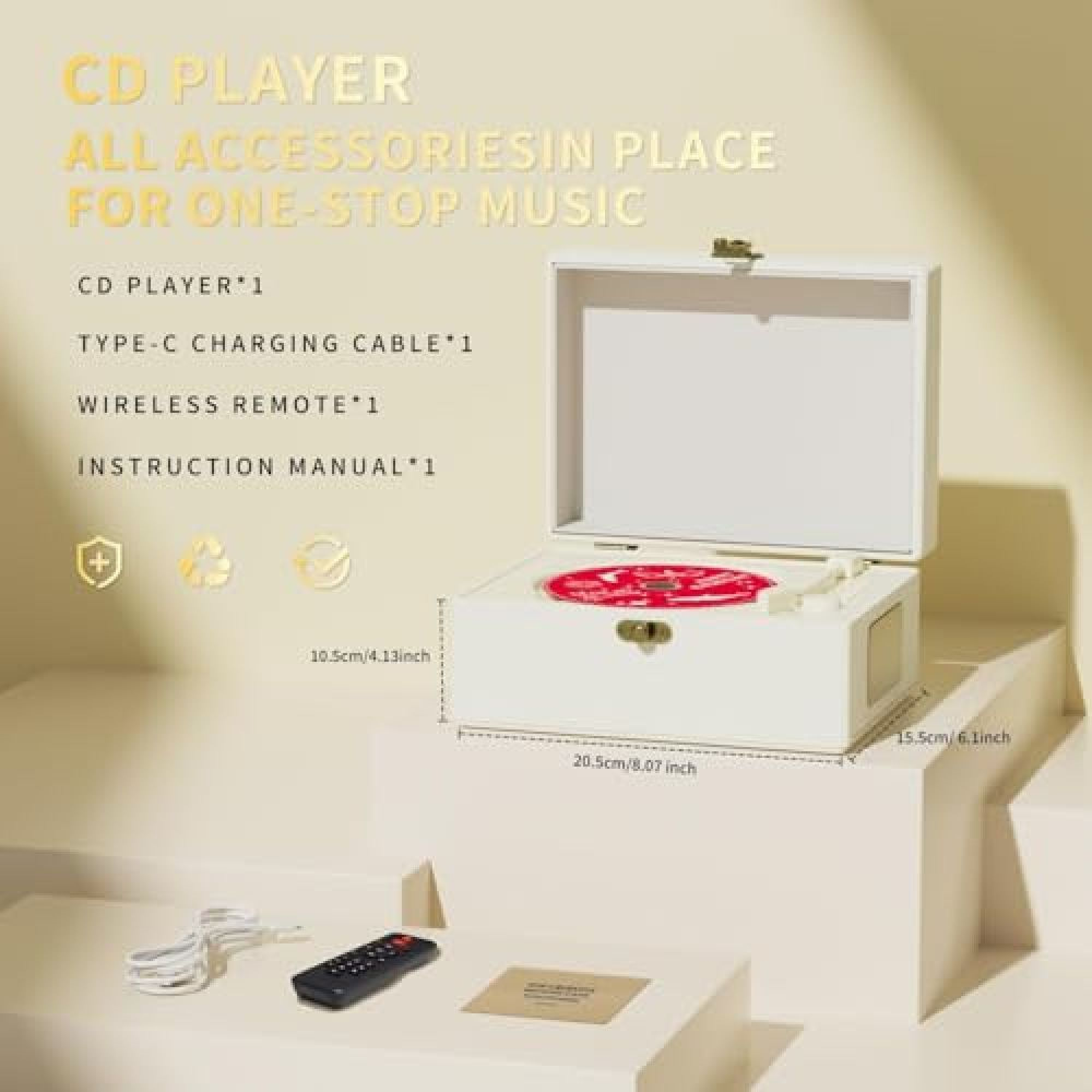 Ein weißer CD-Player mit Zubehör wie Kabel und Fernbedienung auf einer beige-gelben Bühne mit Maßen.