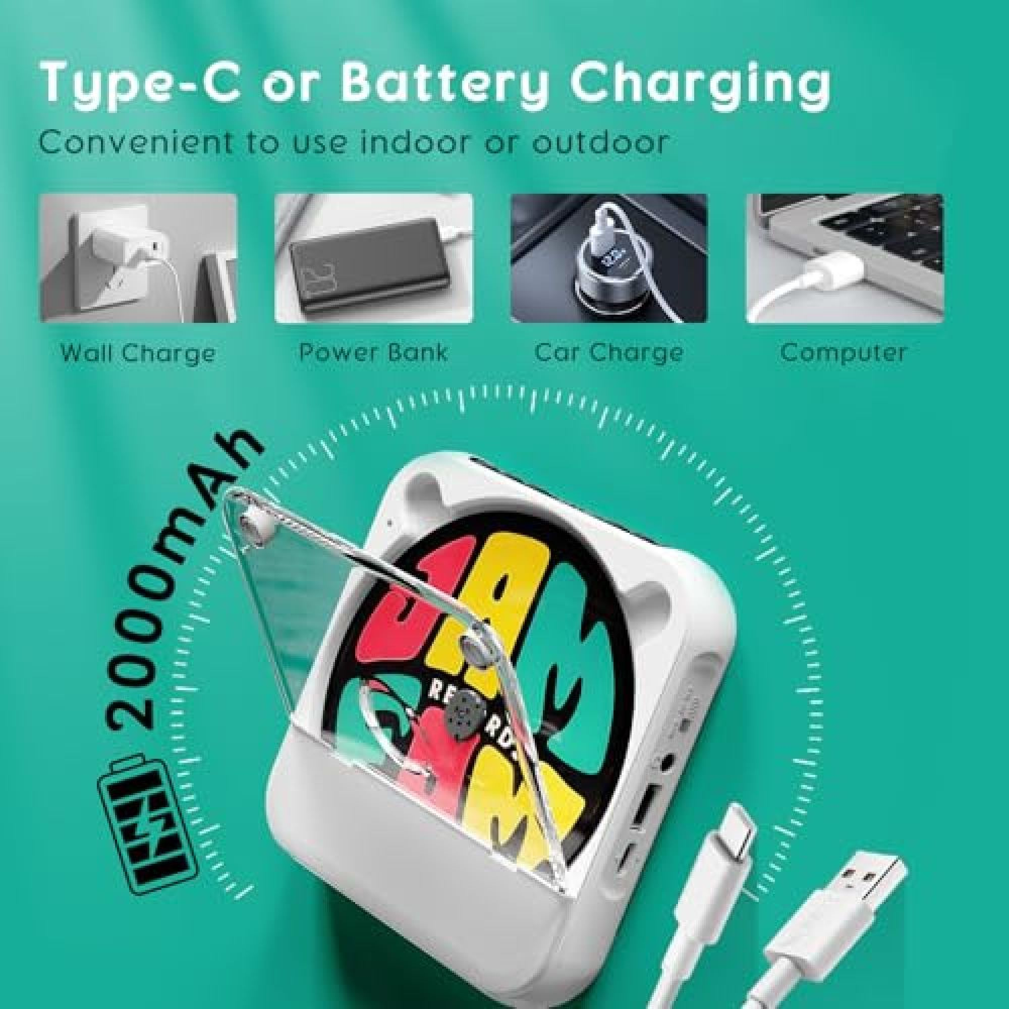 Produktwerbung für ein weißes Radio mit 2000mAh Akku, zeigt Ladeoptionen per Wand, Powerbank, Auto und Computer.