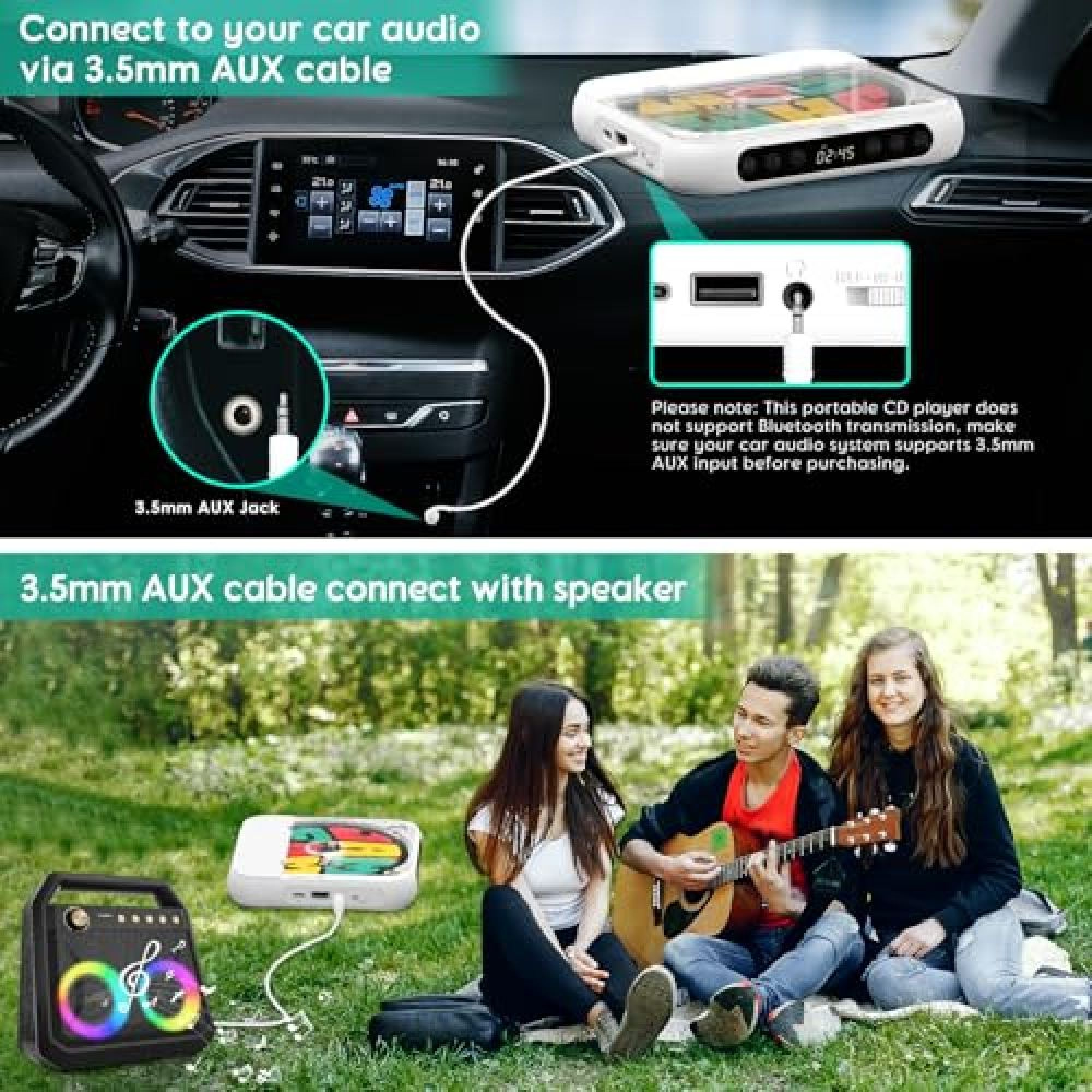 Tragbarer CD-Player, verbunden per Aux-Kabel mit dem Autoradio und einem Lautsprecher im Freien.