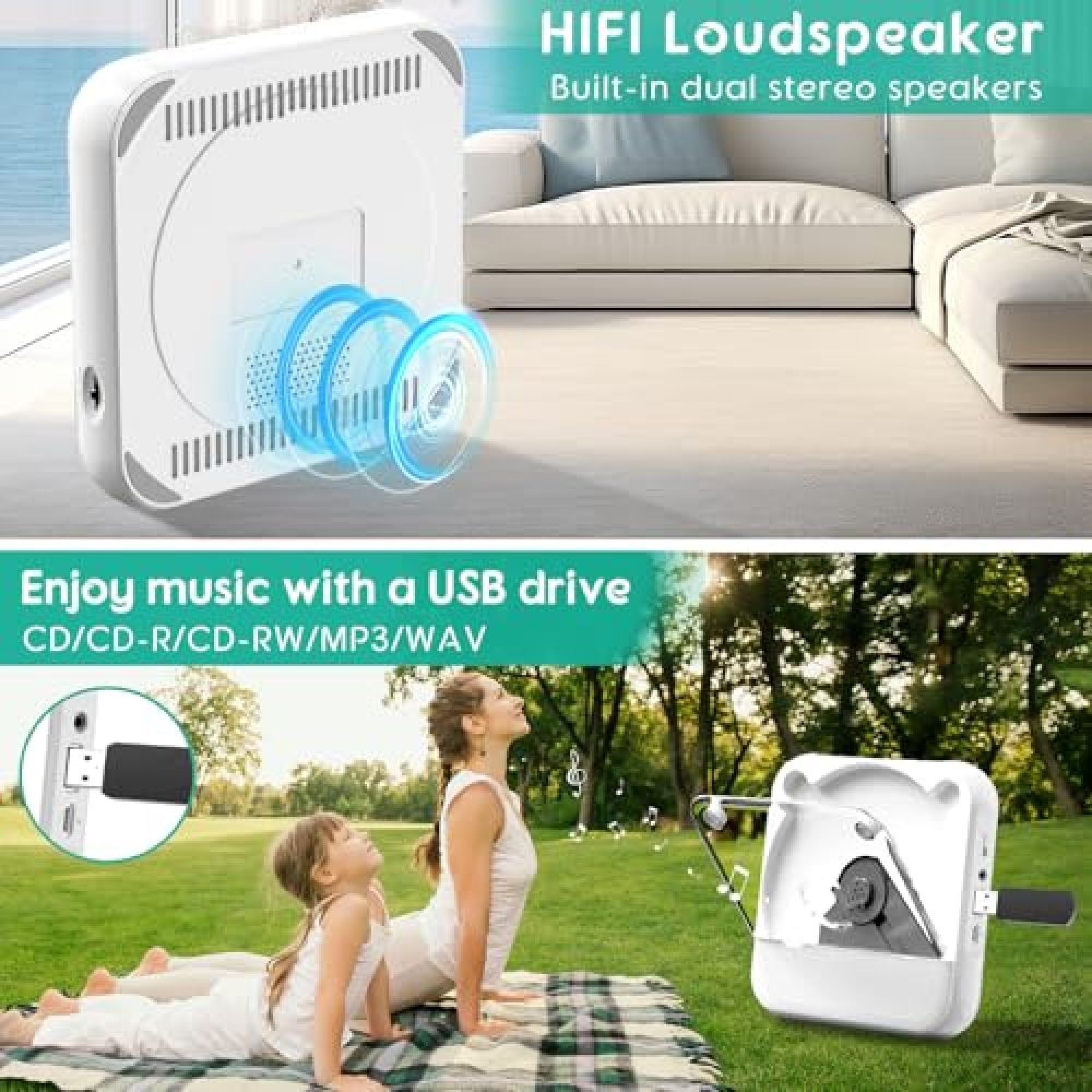 Ein weißer HiFi-Lautsprecher im Wohnzimmer und eine Familie, die draußen Musik hört.