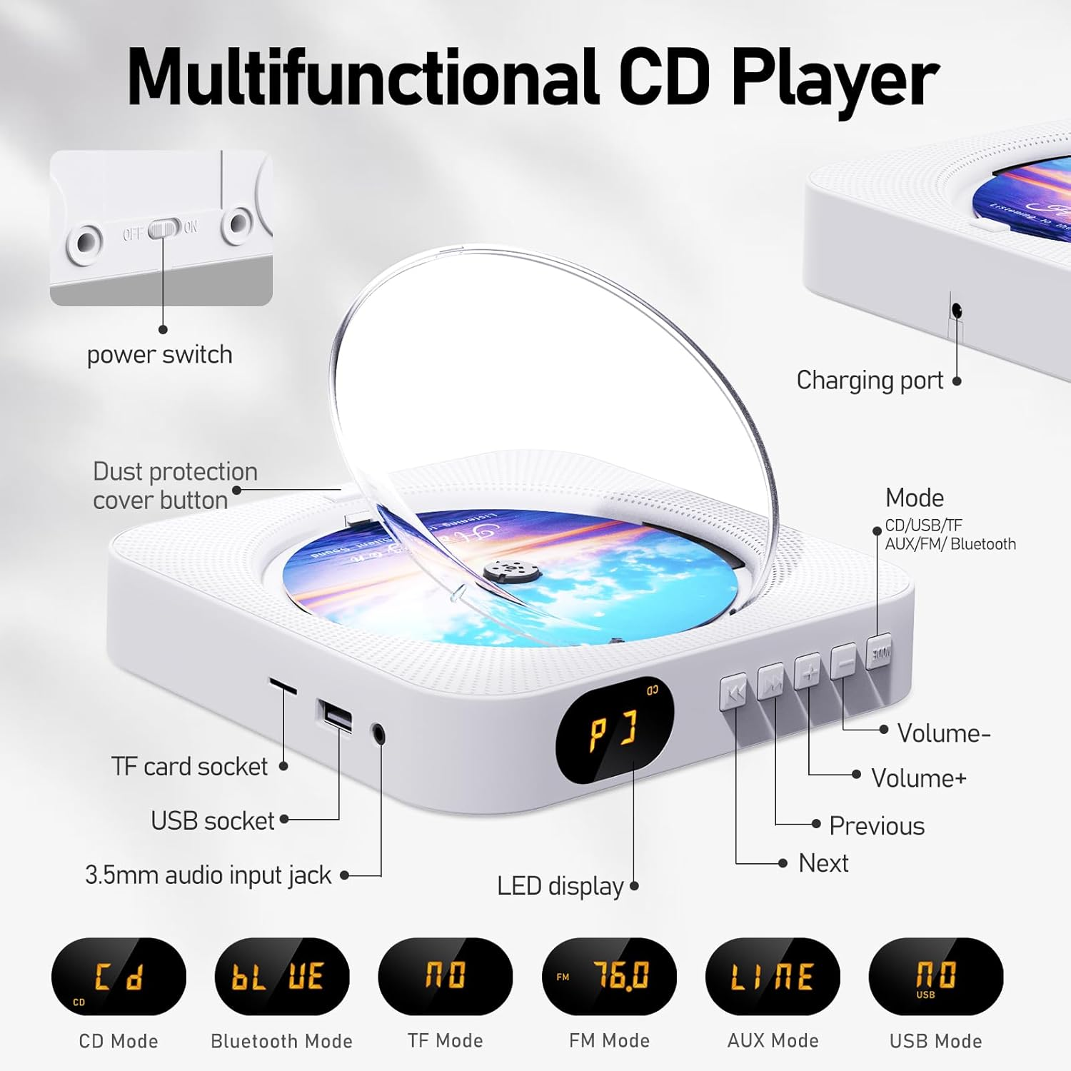Ein weißer Multifunktions-CD-Player mit verschiedenen Tasten, Anschlüssen und einem LED-Display.