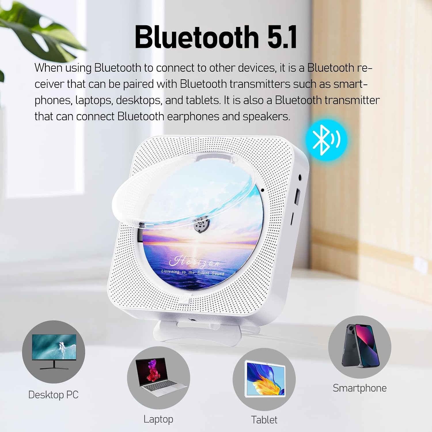 Bluetooth 5.1 CD-Player mit Verbindungsoptionen für PC, Laptop, Tablet und Smartphone.