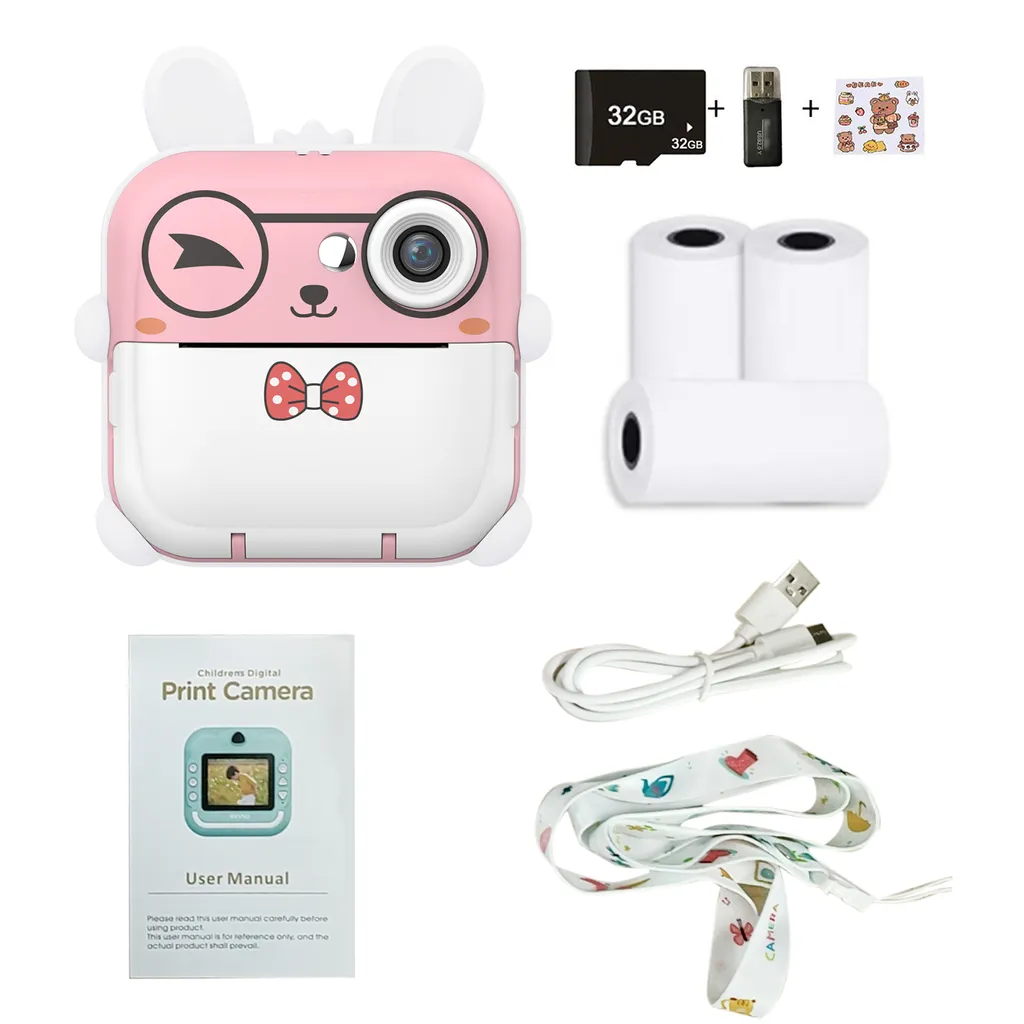 Rosa Häschen-Kinderkamera mit Druckpapier, SD-Karte, USB-Kabel, Lanyard und Handbuch auf weißem Hintergrund.
