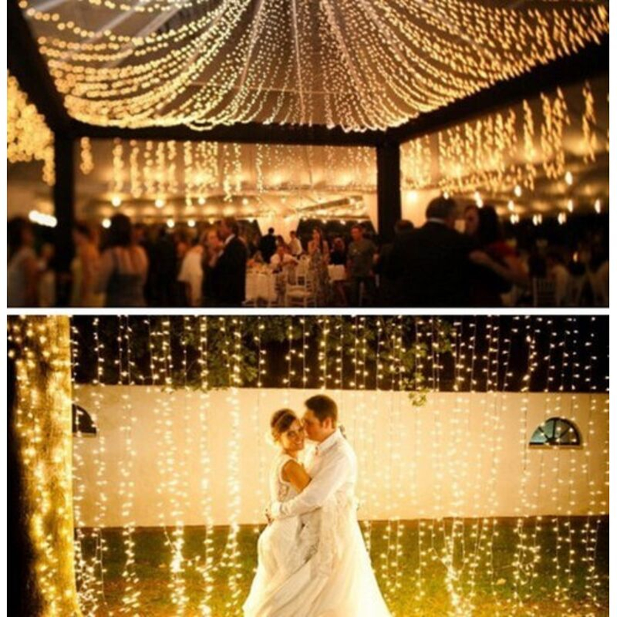 Eine Hochzeit im Freien bei Nacht, beleuchtet mit Lichterketten, zeigt tanzende Gäste und ein frisch vermähltes Paar.