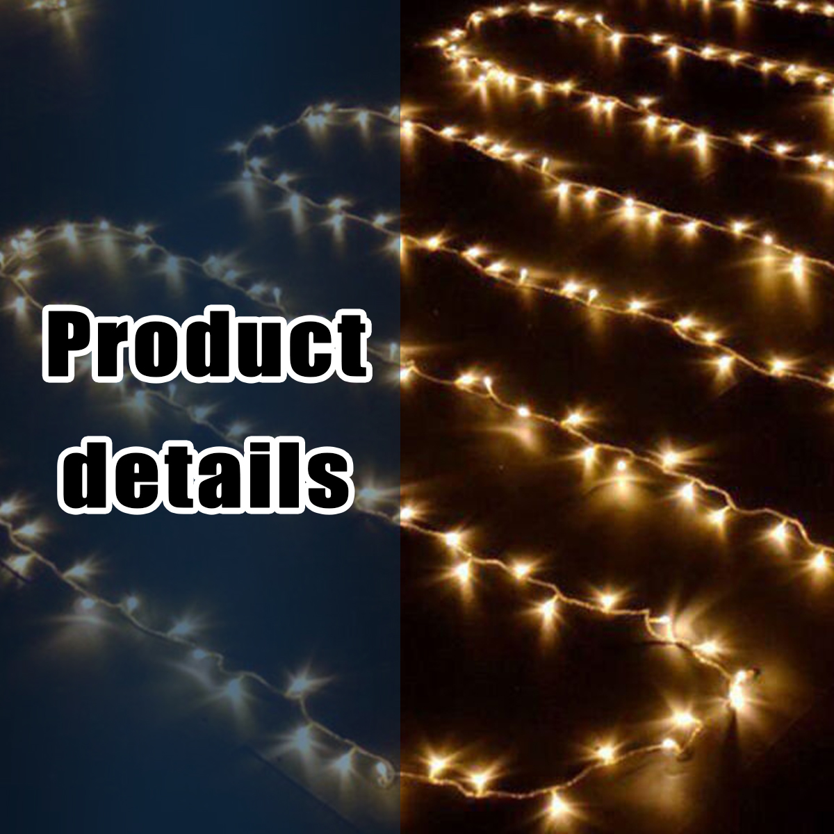 Lichterkette mit blauen und warmweißen Leuchten und dem Text "Product details".