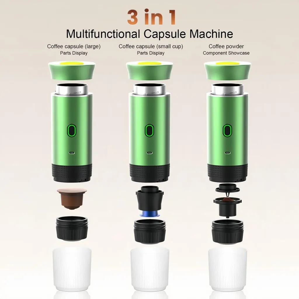 Diagramm zeigt drei Demontagekonfigurationen einer grünen 3-in-1 Multifunktions-Kapselkaffeemaschine mit Tassen.