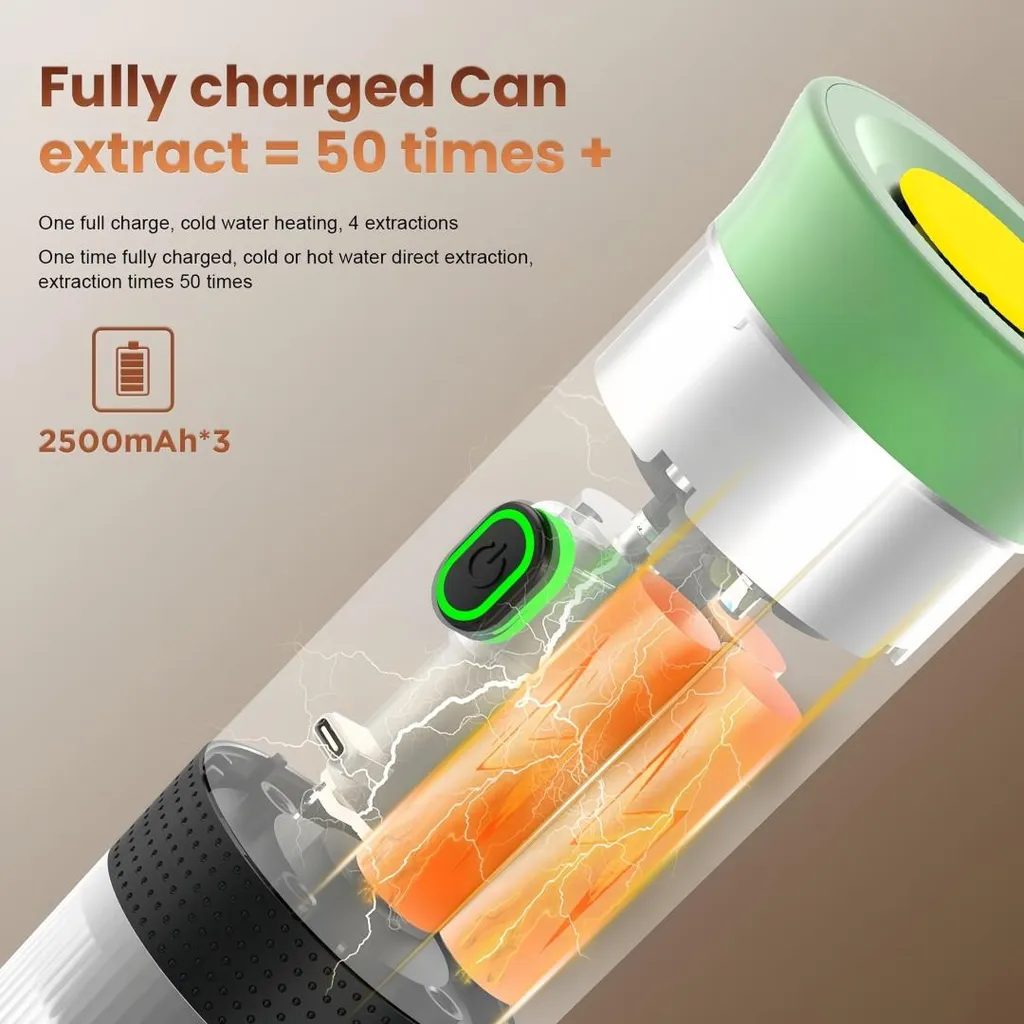 Ein transparentes grün-weißes Gerät zeigt interne Batterien und Text über 50 Extraktionen und 2500mAh Batterien.