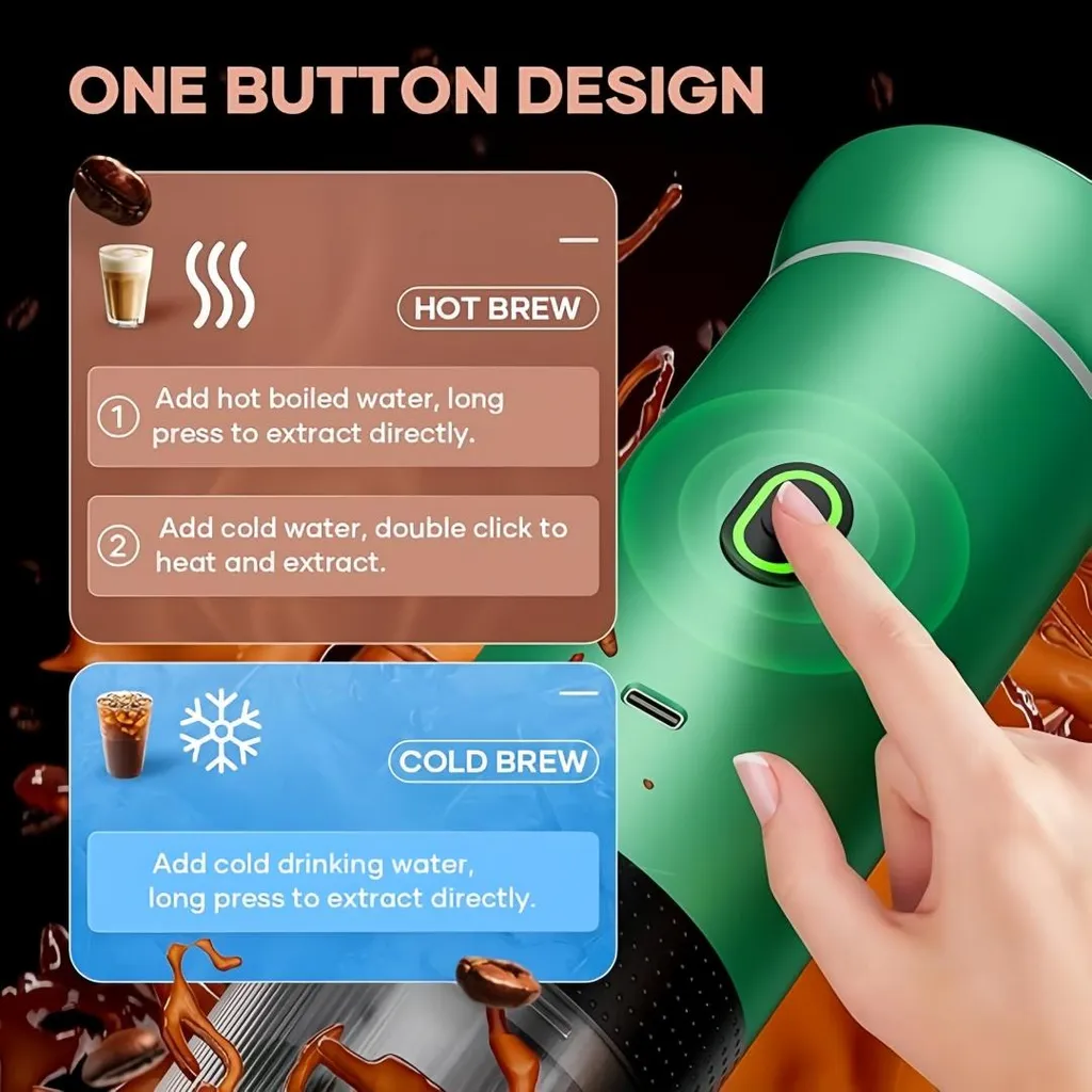 Ein Finger drückt den Ein-Aus-Knopf eines grünen Kaffeebereiters, mit Anleitungen für Heiß- und Kaltbrühkaffee.