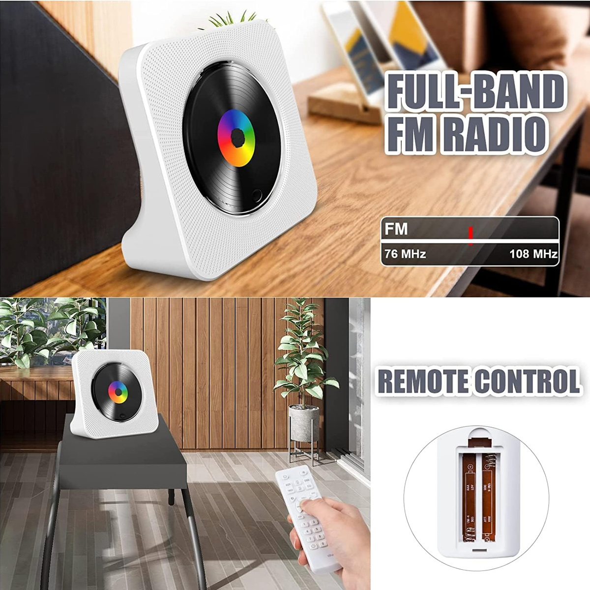 Weißer CD-Player mit Regenbogen-Akzent auf einem Holztisch, inklusive Fernbedienung und Radio-Anzeige.