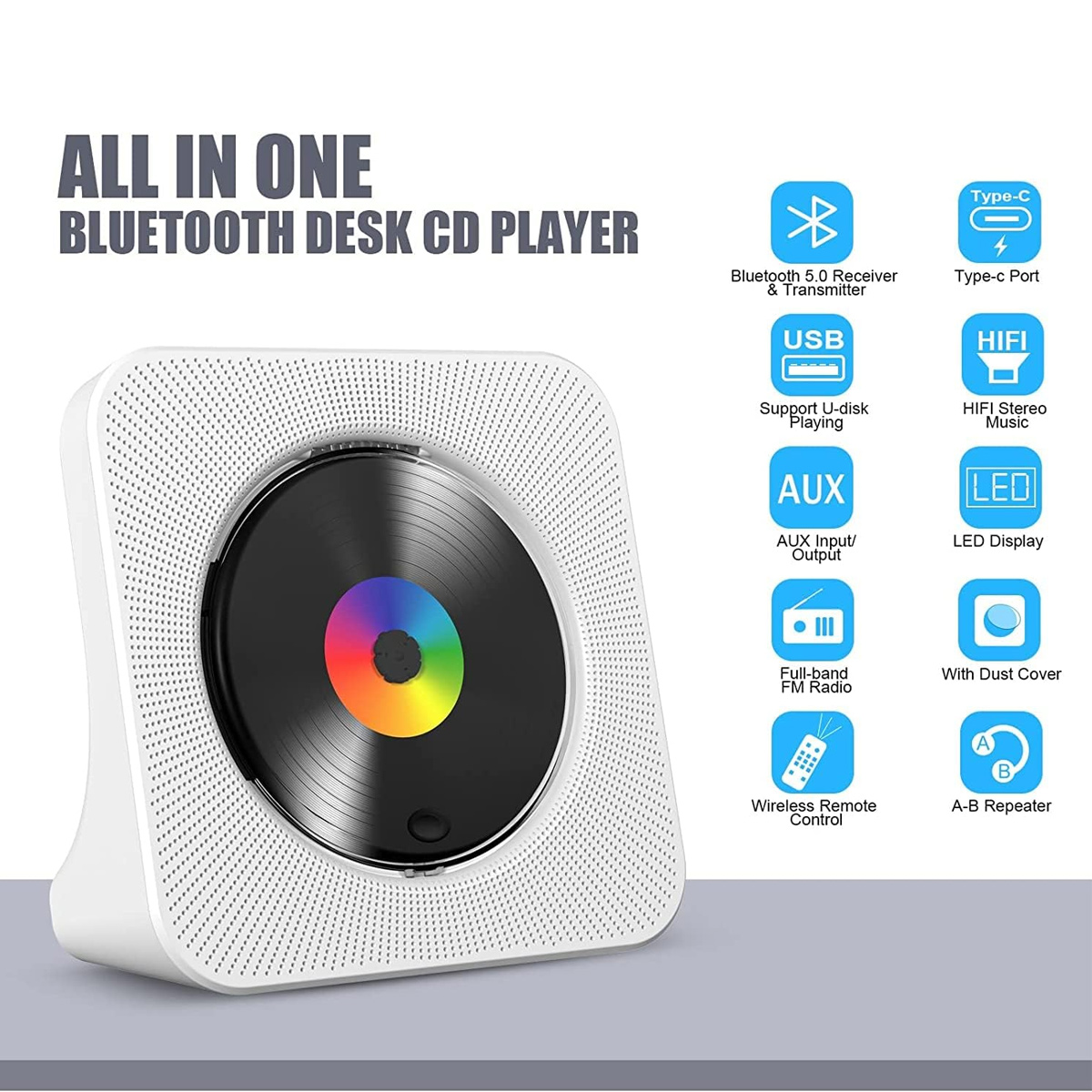 Ein weißer Bluetooth-Schreibtisch-CD-Player mit farbiger Mitte und Funktionssymbolen.