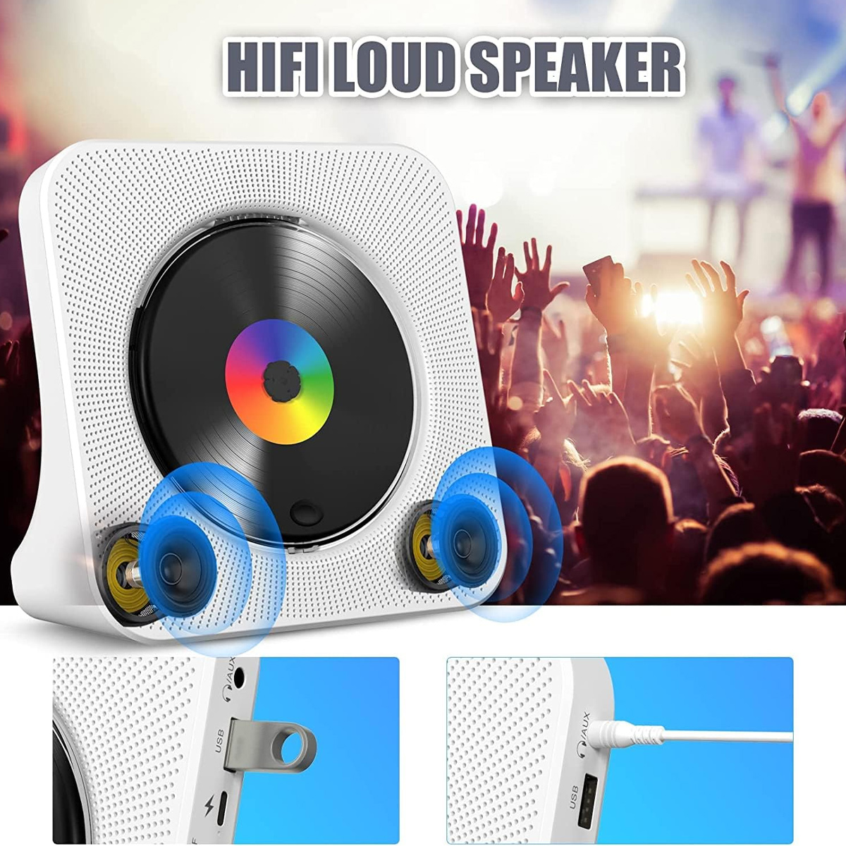 Weißer HiFi-Lautsprecher mit CD-Player vor verschwommenem Konzertpublikum, mit USB- und Aux-Anschlüssen.