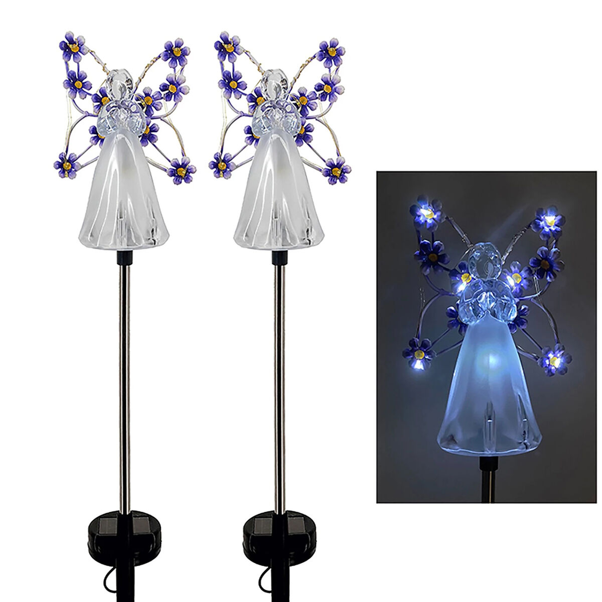 Zwei Solargarten-Stecker mit klaren Engeln und violetten Blumenflügeln, einer im Dunkeln beleuchtet.