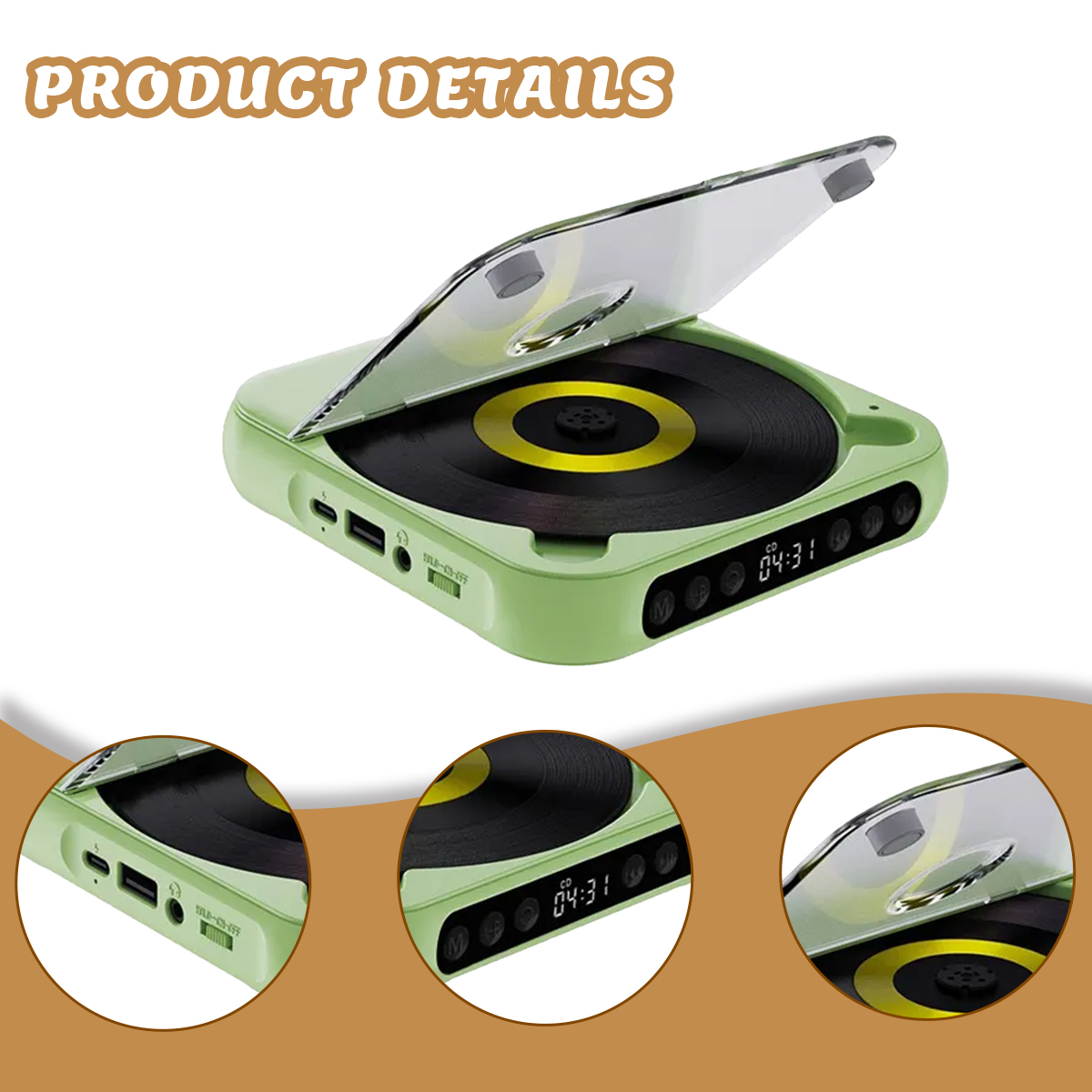 Hellgrüner tragbarer CD-Player mit offenem Deckel, schwarzer CD, digitaler Anzeige und Anschlüssen.