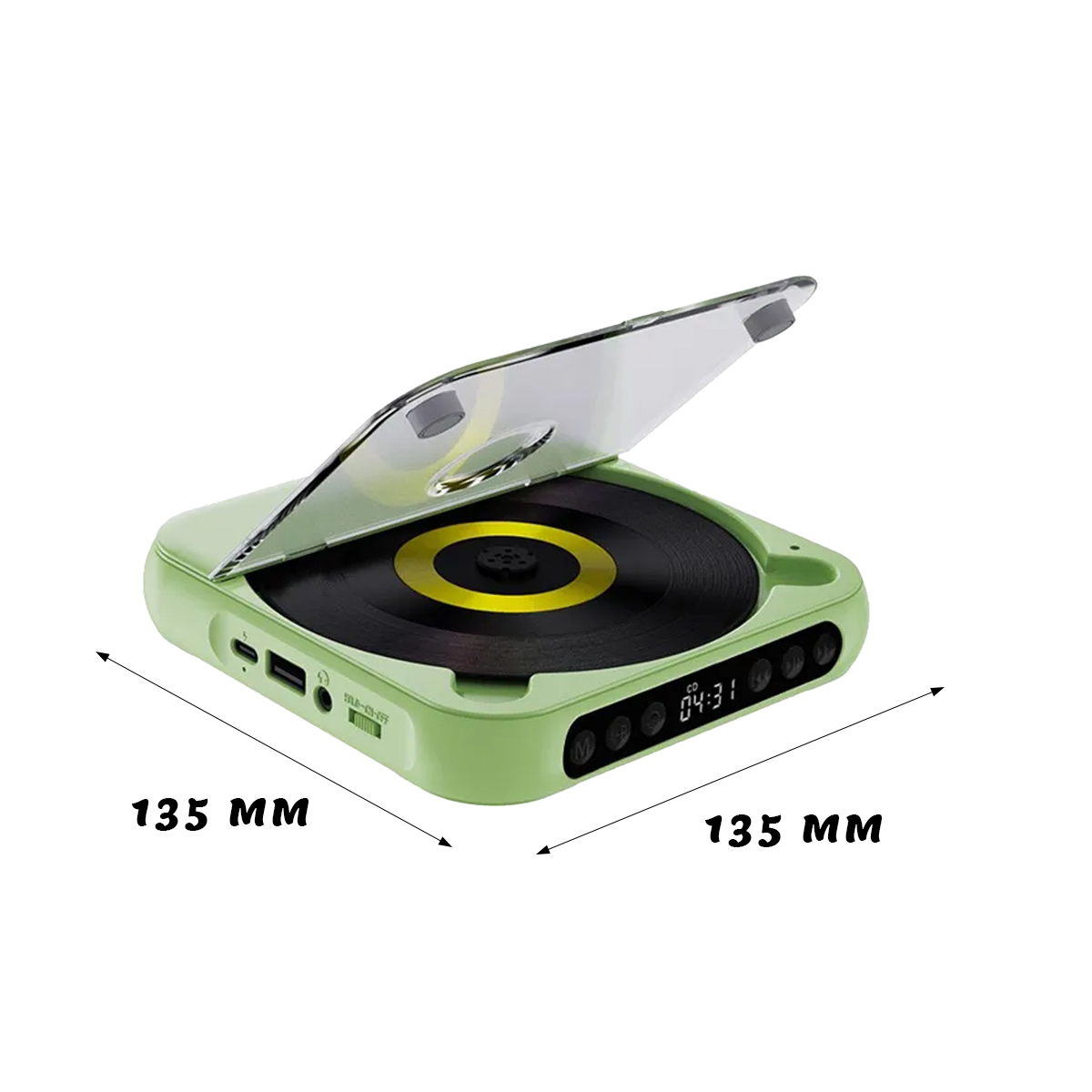 Grüner, quadratischer CD-Player mit offener transparenter Abdeckung und Maßangaben von 135 mm.