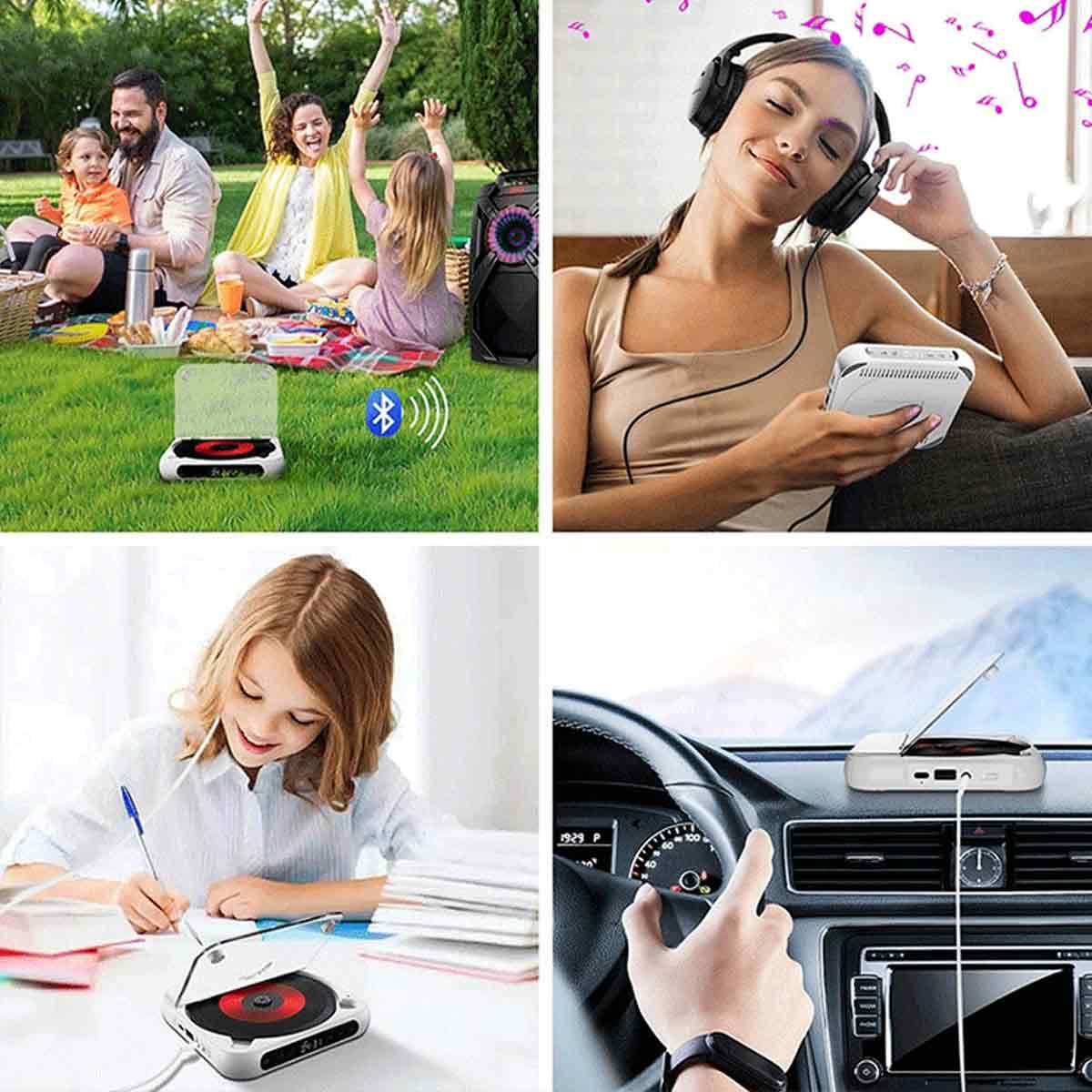 Eine Collage zeigt eine Familie beim Picknick, eine Frau mit Kopfhörern, ein lernendes Kind und einen CD-Player im Auto.