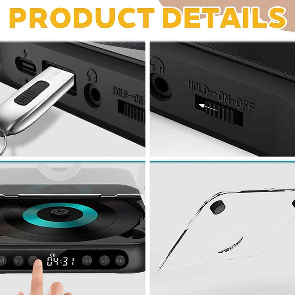 Vier Produktbilder zeigen Details eines CD-Players mit Anschlüssen, Schaltern, Display und transparenter Schutzhülle.