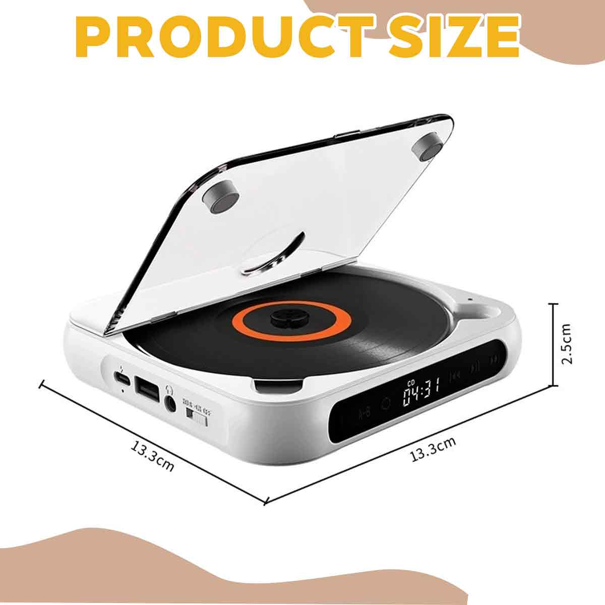Tragbarer weißer CD-Player mit offener transparenter Abdeckung und Maßen von 13.3 x 13.3 x 2.5 cm.