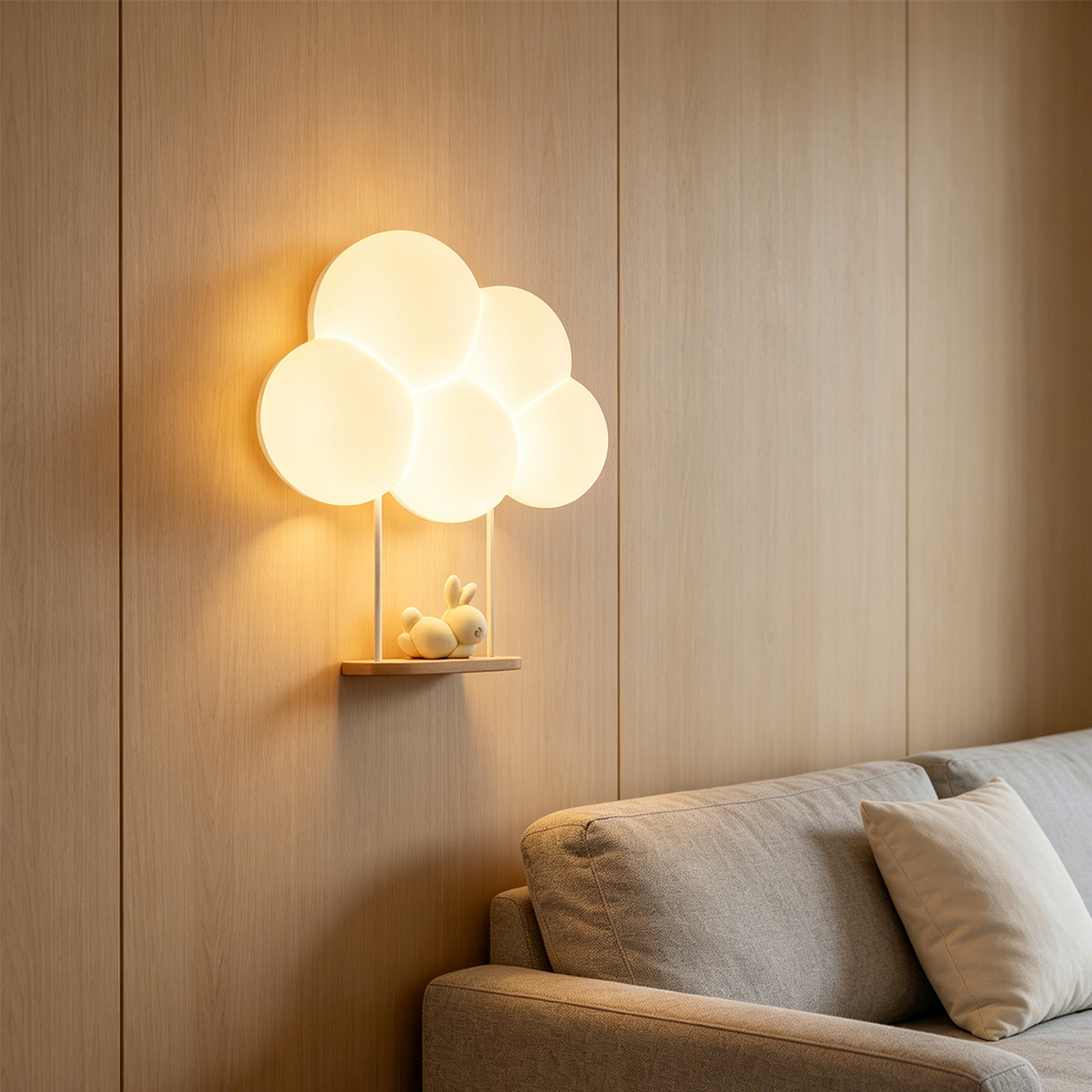 Eine Leuchte in Wolkenform mit einem kleinen Hasen auf einem Regal vor einer Holztafelwand, daneben ein graues Sofa.