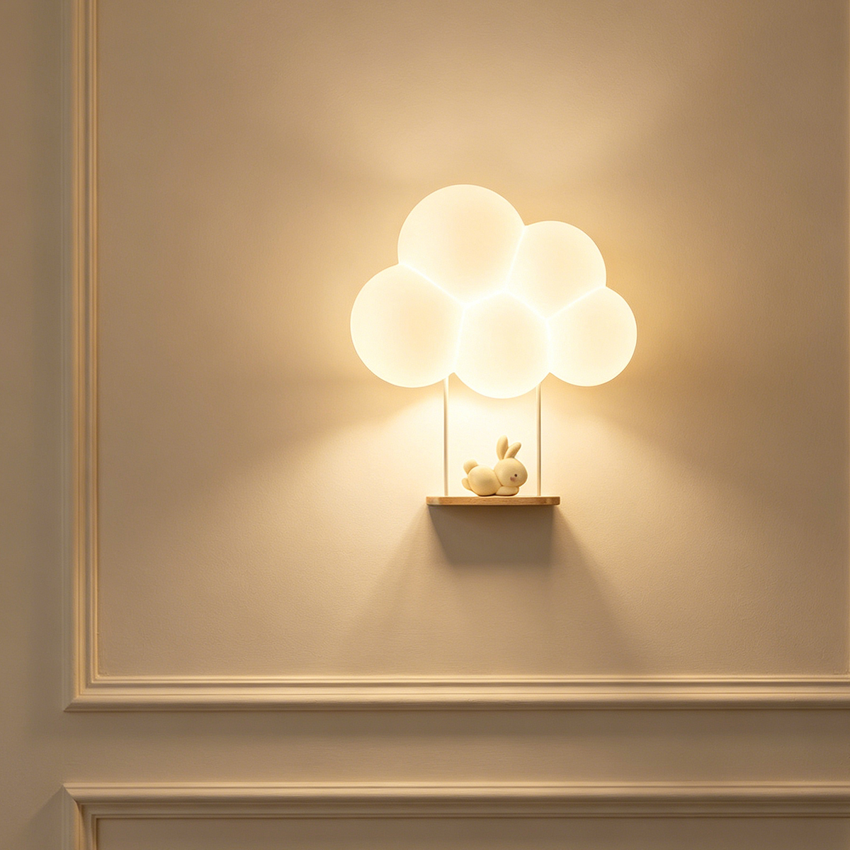 Eine leuchtende, wolkenförmige Wandlampe mit einer kleinen Hasenfigur auf einem Holzregal an einer beigen Wand.