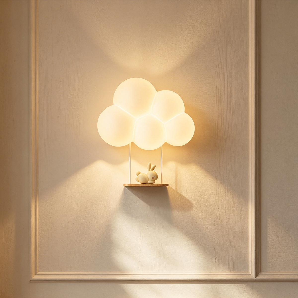 Wandlampe in Wolkenform mit einem kleinen sitzenden Hasen auf einem Holzbrett vor einer beigen Wand.