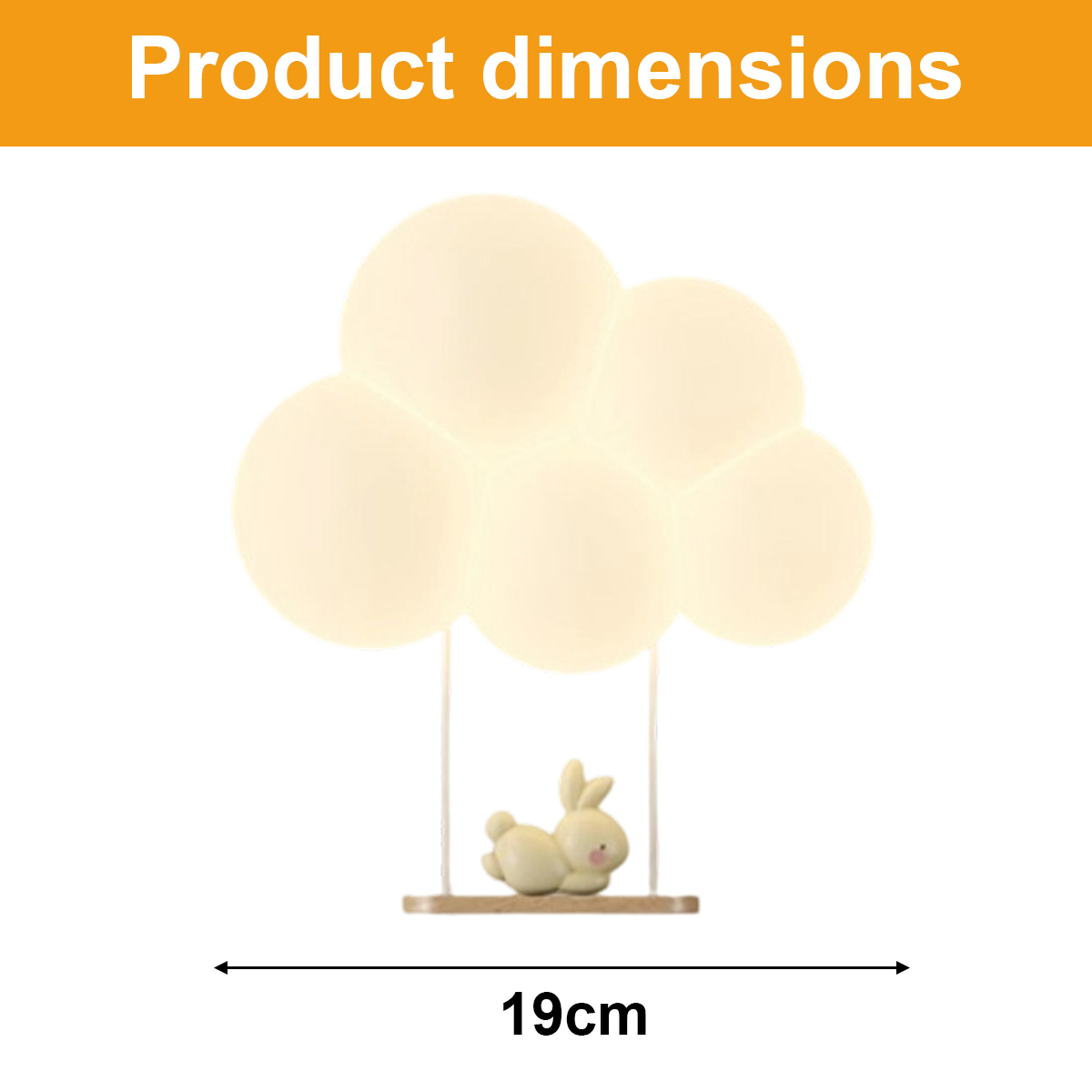 Eine leuchtende wolkenförmige Lampe mit einer kleinen Hasenfigur auf einer Schaukel, Maße 19cm.