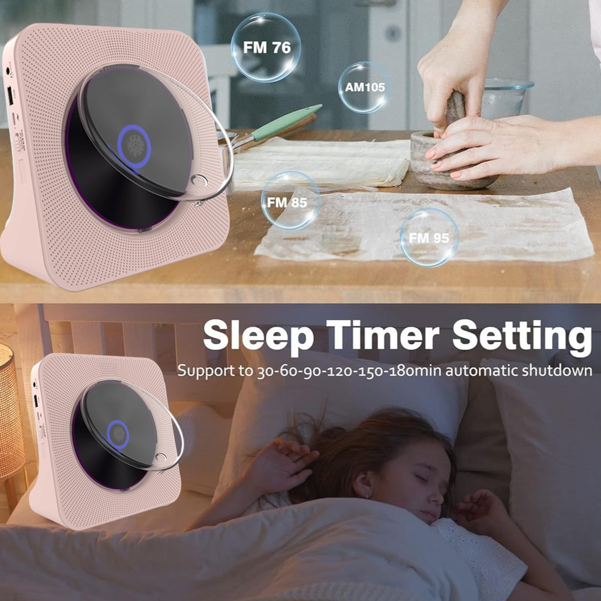 Rosa CD-Player neben einer Küche oben und einem schlafenden Kind unten mit Sleep-Timer-Text.