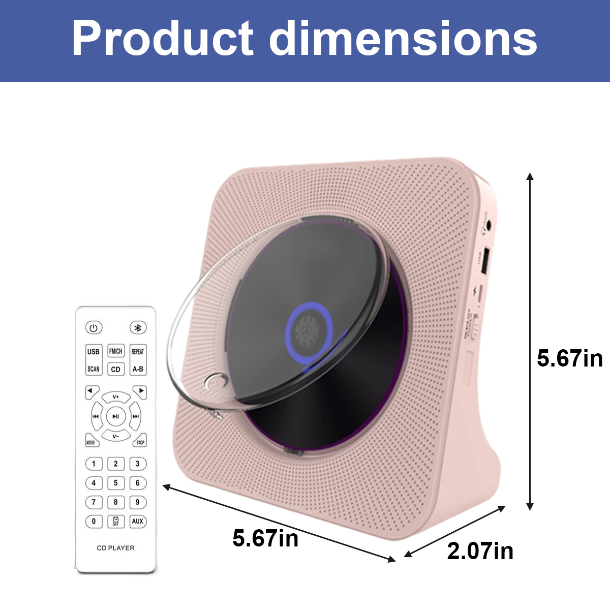 Rosa CD-Player mit Fernbedienung und Maßen von 5.67x5.67x2.07 Zoll.