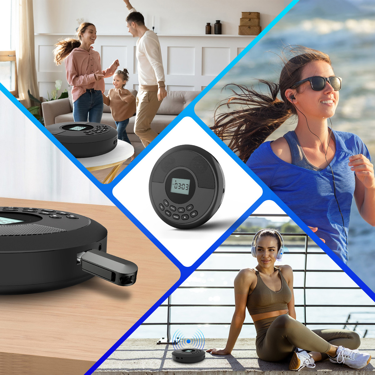 Eine Collage zeigt einen schwarzen CD-Player im Einsatz zu Hause, am Strand und beim Sport.
