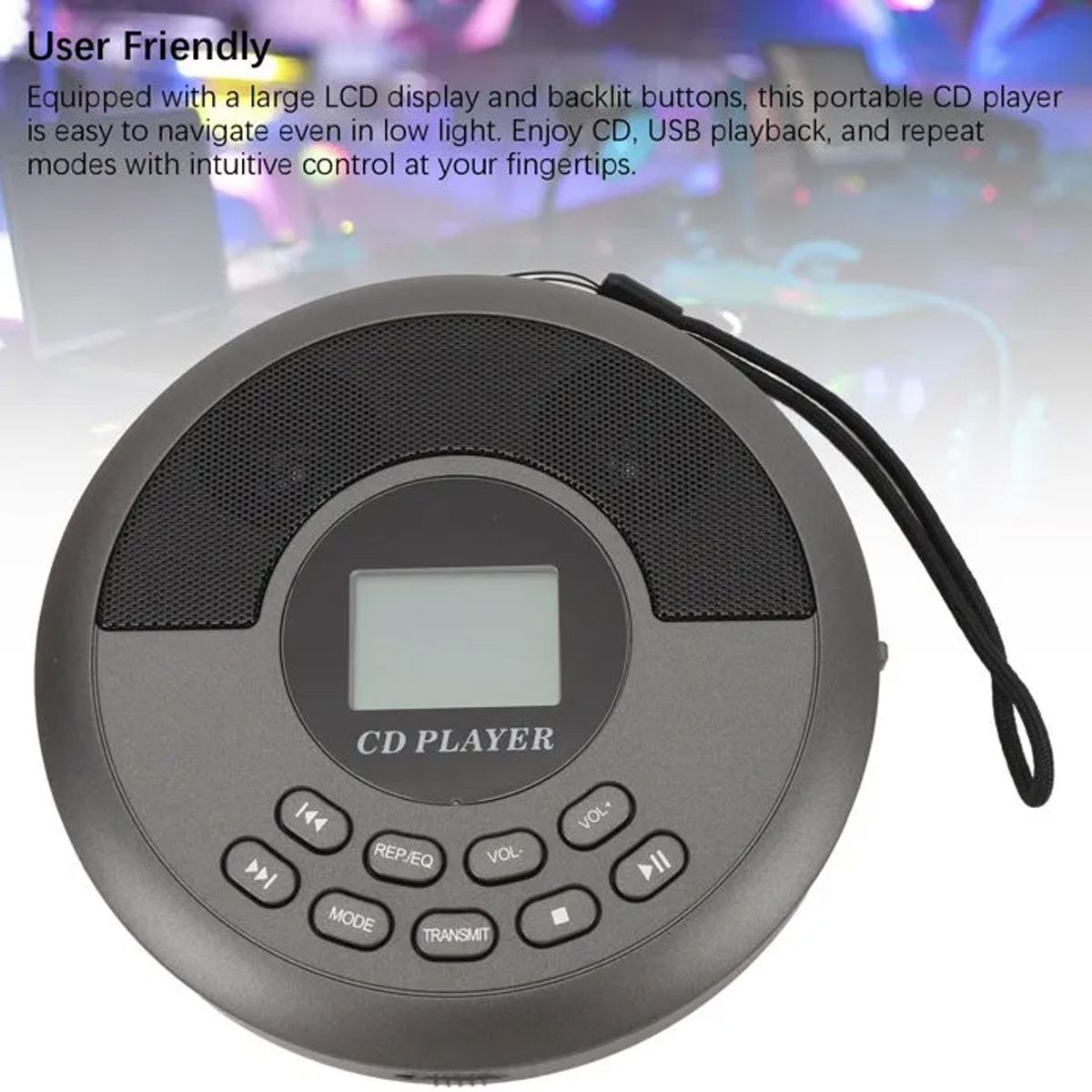 R Runder grauer CD-Player mit Display, integrierten Lautsprechern und Bedienknöpfen sowie einer Trageschlaufe.
