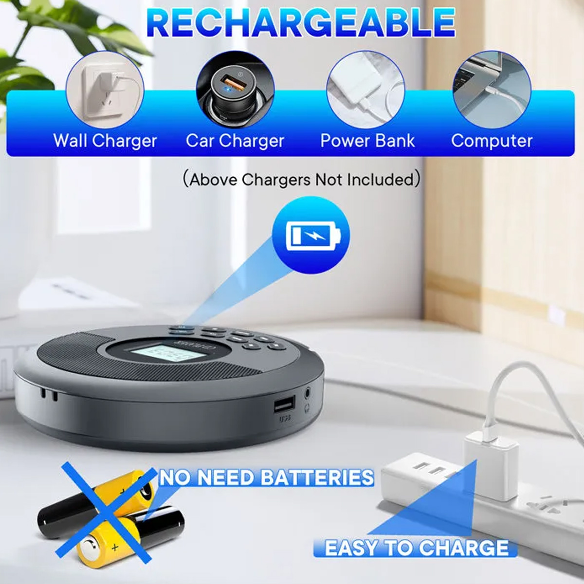 Wiederaufladbares Gerät mit Ladeoptionen und Text: Wiederaufladbar, keine Batterien nötig, einfach zu laden.